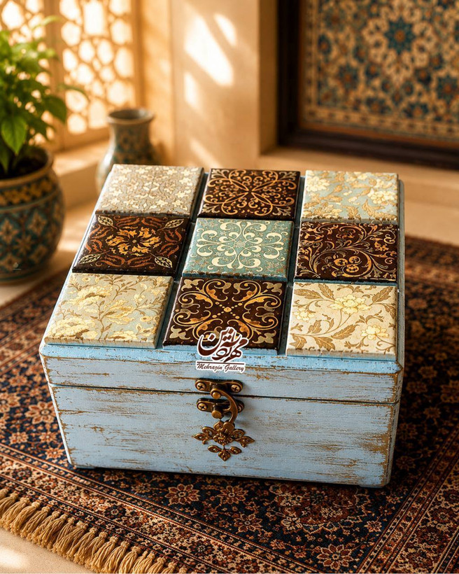 جعبه چوبی هدیه نماکاشی مربع گالری مهرآذین