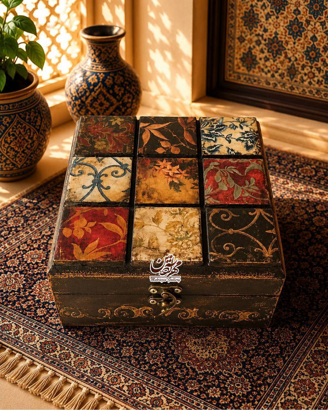 جعبه چوبی هدیه نماکاشی مربع گالری مهرآذین