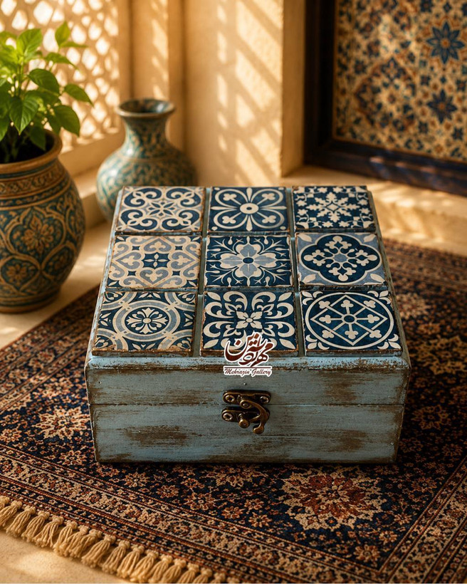 جعبه چوبی هدیه نماکاشی مربع گالری مهرآذین