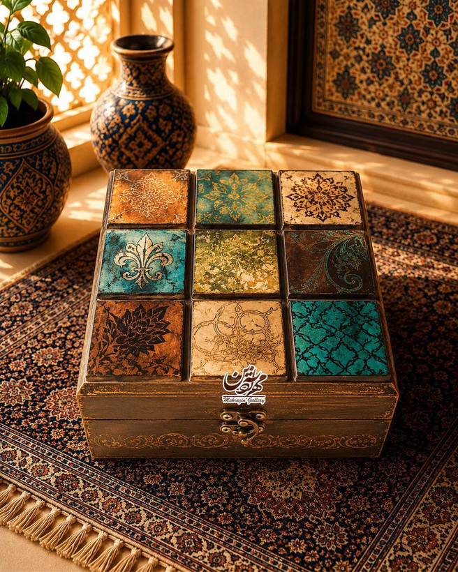 جعبه چوبی هدیه نماکاشی مربع گالری مهرآذین