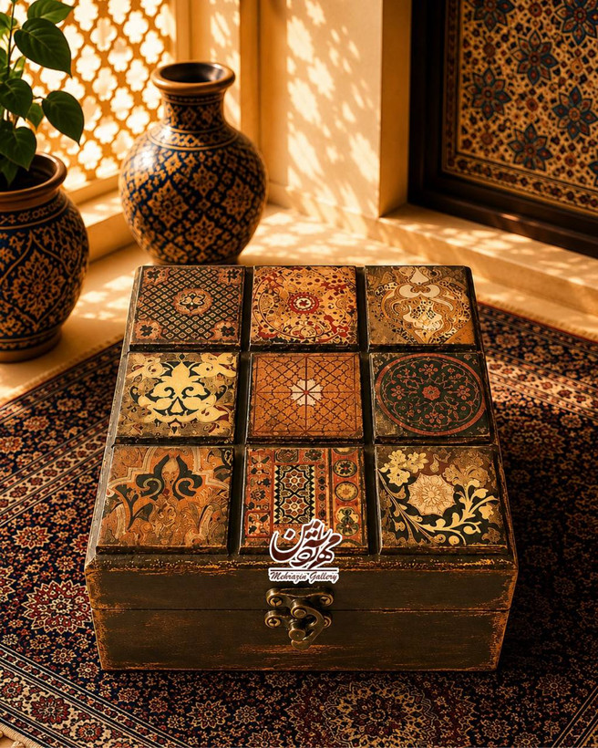 جعبه چوبی هدیه نماکاشی مربع گالری مهرآذین