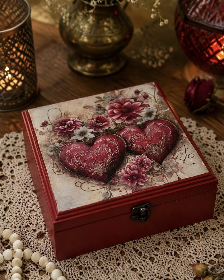 جعبه هدیه چوبی طرح دوقلب