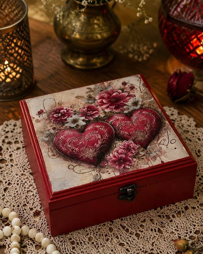 جعبه هدیه چوبی طرح دوقلب