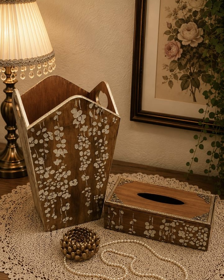 ست لاکچری چوبی گالری مهرآذین شامل سطل و جعبه دستمال