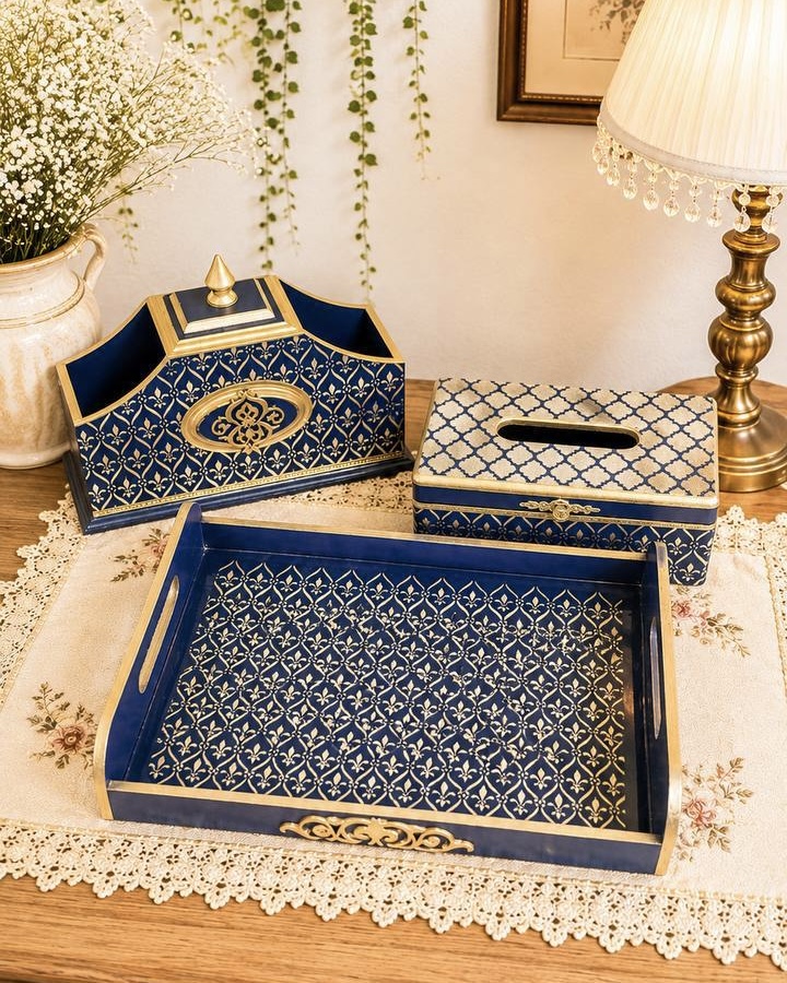 ست لاکچری چوبی گالری مهرآذین شامل سینی و باکس رویال و جعبه دستمال