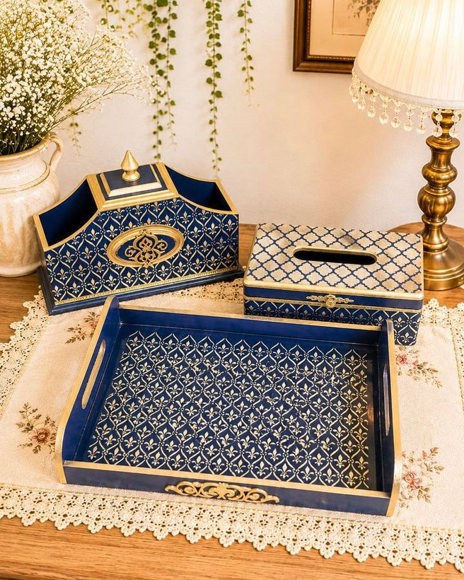 ست لاکچری چوبی گالری مهرآذین شامل سینی و باکس رویال و جعبه دستمال