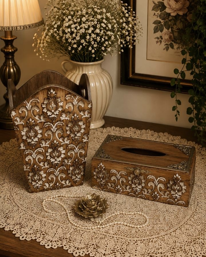 ست لاکچری چوبی گالری مهرآذین شامل سطل و جعبه دستما